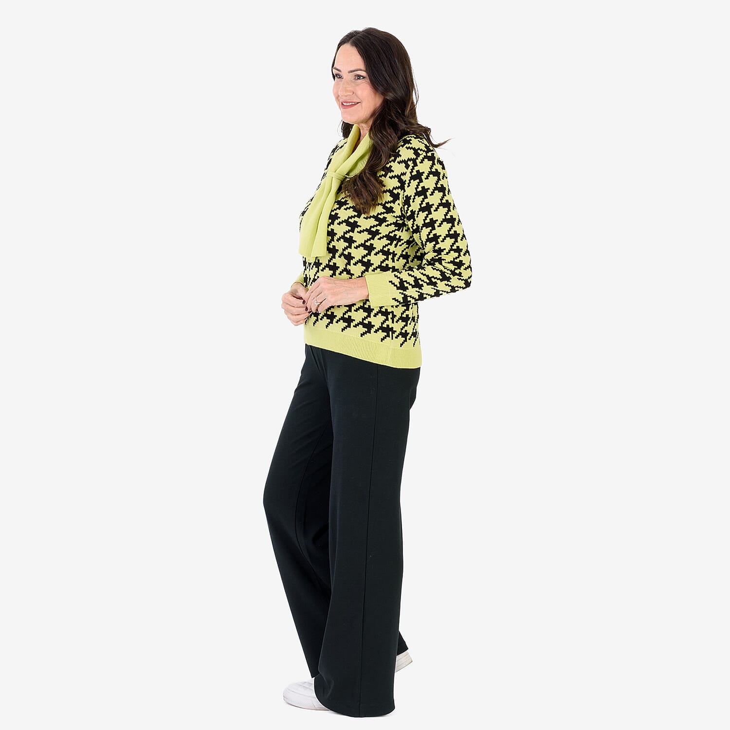 Sugar Crisp Houndstooth Knit Jumper With Scarf Neck (Size 8 to 10) - Light Green