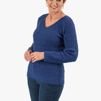 Sugar Crisp V-Neck Cable Knit Jumper (Size M) - Denim