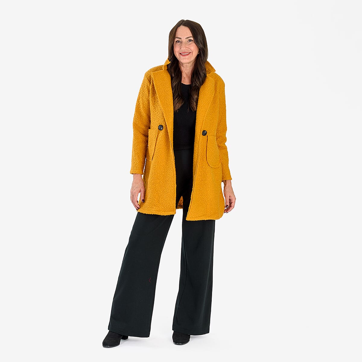 Sugar Crisp Made In Italy Two Button Boucle Coat With Pockets (One Size) - Mustard