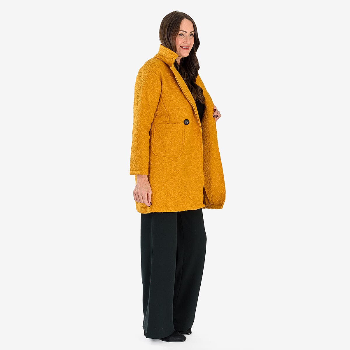Sugar Crisp Made In Italy Two Button Boucle Coat With Pockets (One Size) - Mustard