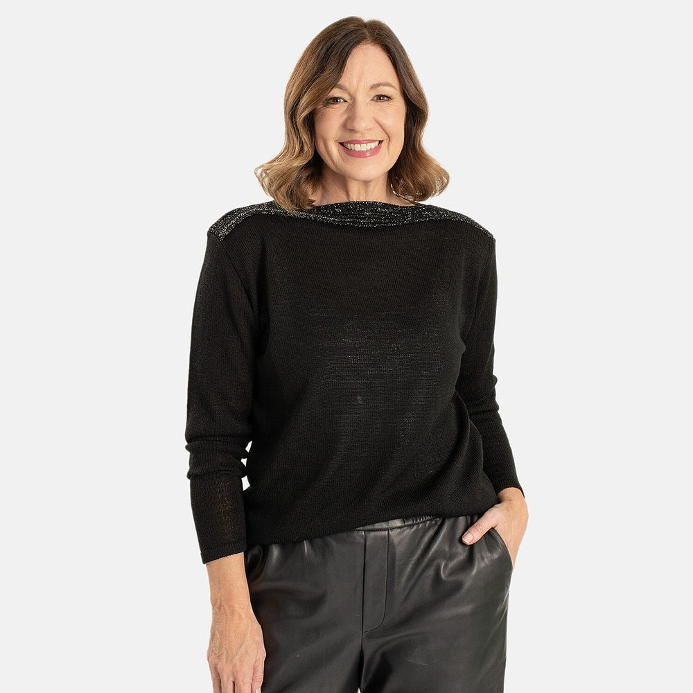 Sugar Crisp Women’s Fine Knit Boat Neck Jumper with Metallic Trim & Long Sleeves