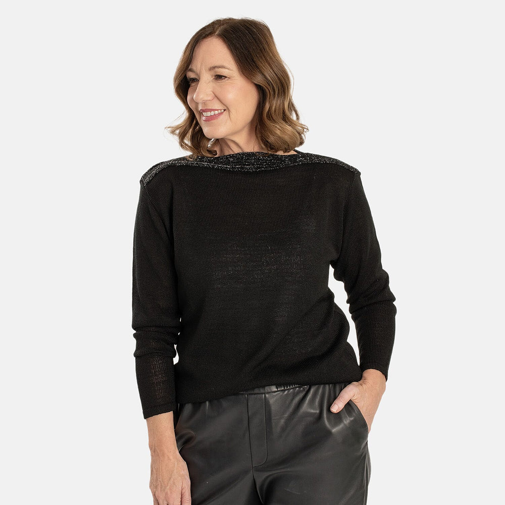 Sugar Crisp Women’s Fine Knit Boat Neck Jumper with Metallic Trim & Long Sleeves