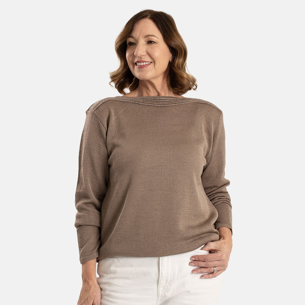 Sugar Crisp Women’s Fine Knit Boat Neck Jumper with Metallic Trim & Long Sleeves