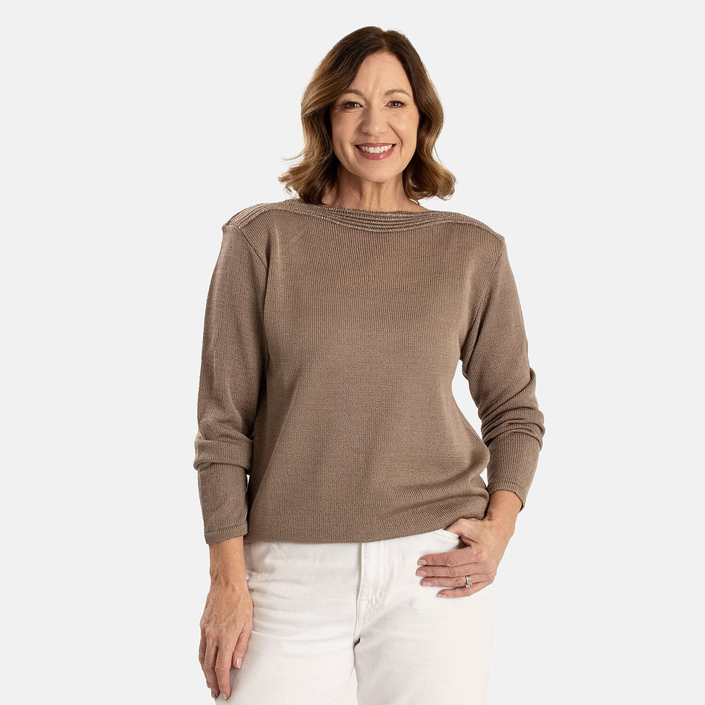 Sugar Crisp Women’s Fine Knit Boat Neck Jumper with Metallic Trim & Long Sleeves