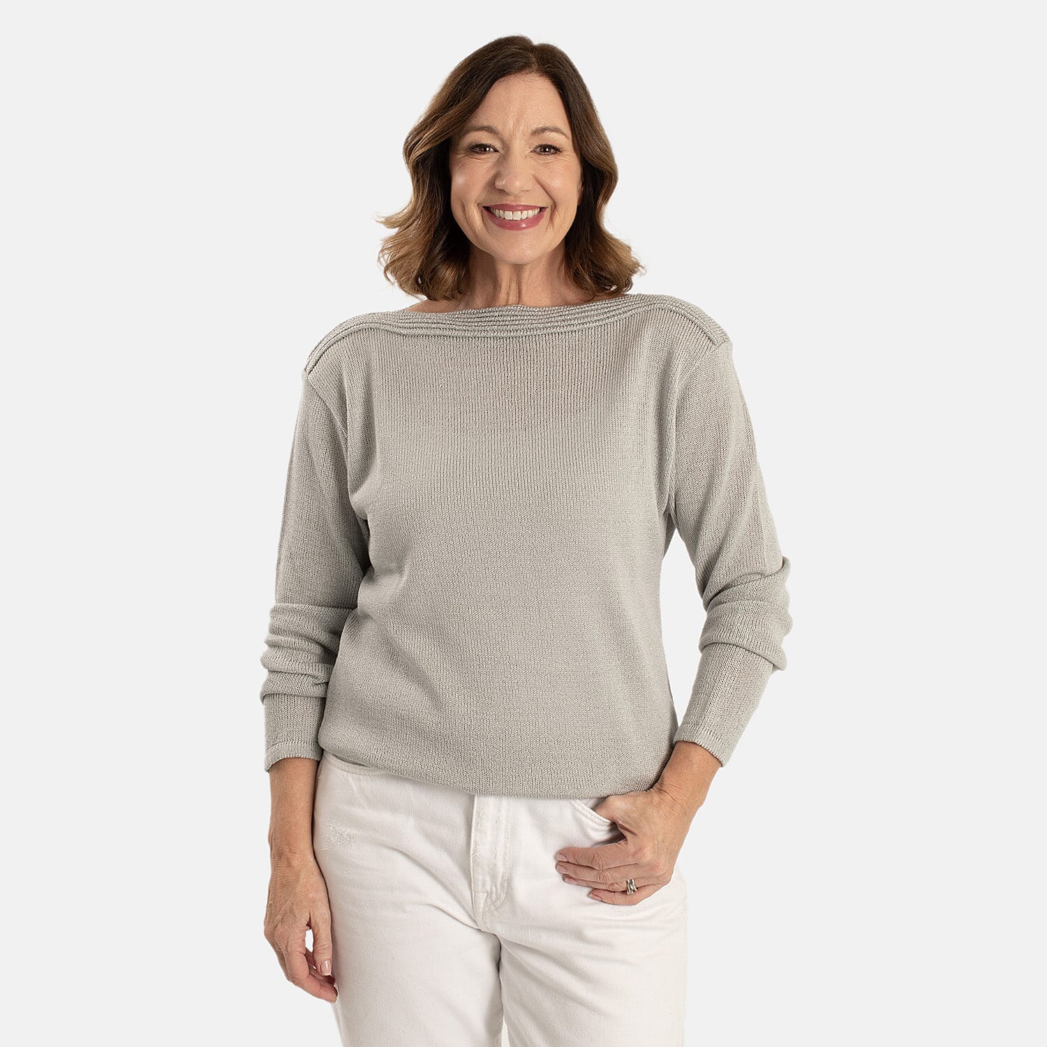 Sugar Crisp Elegant Fine Knit Metallic Trim Boatneck Jumper (Size S) - Silver