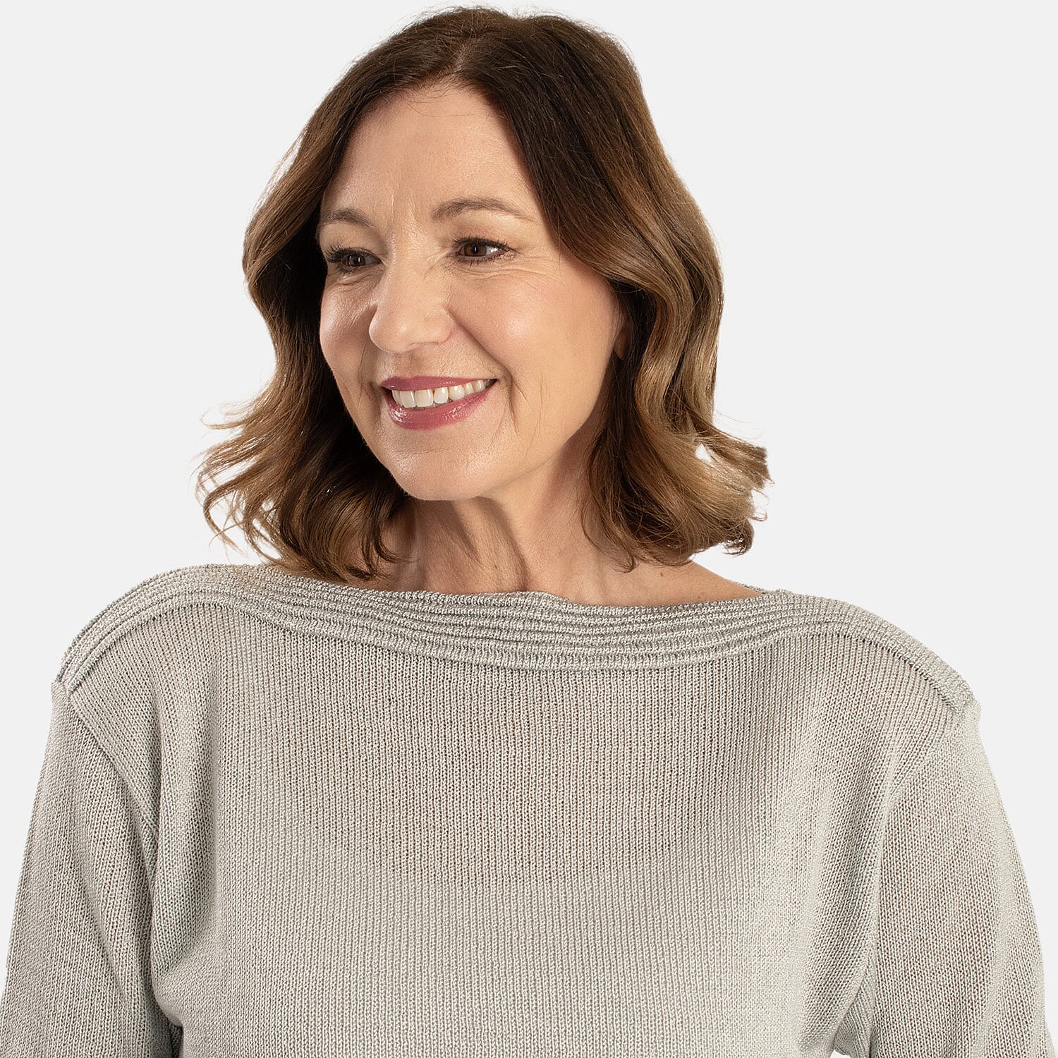 Sugar Crisp Elegant Fine Knit Metallic Trim Boatneck Jumper (Size S) - Silver
