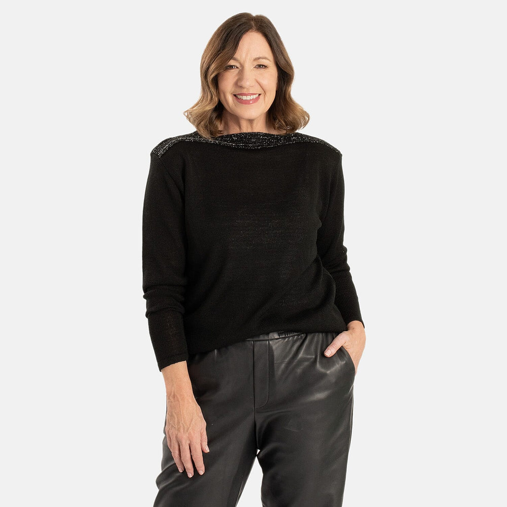 Sugar Crisp Women’s Fine Knit Boat Neck Jumper with Metallic Trim & Long Sleeves