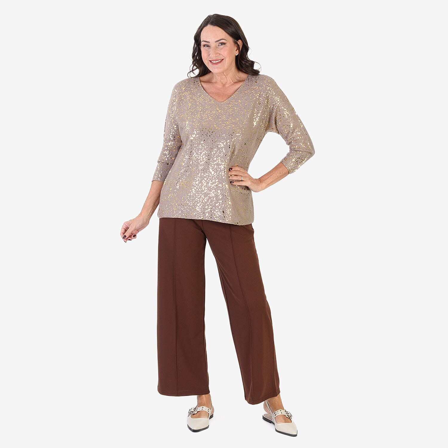 Sugar Crisp Foil Printed Embellished Jumper (One Size) - Mocha