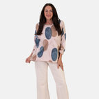 Sugar Crisp Italian Made Printed Long-Sleeved Scoop-Neck Sequined Layered Top One-Size (Fits upto Size 22) - Pink