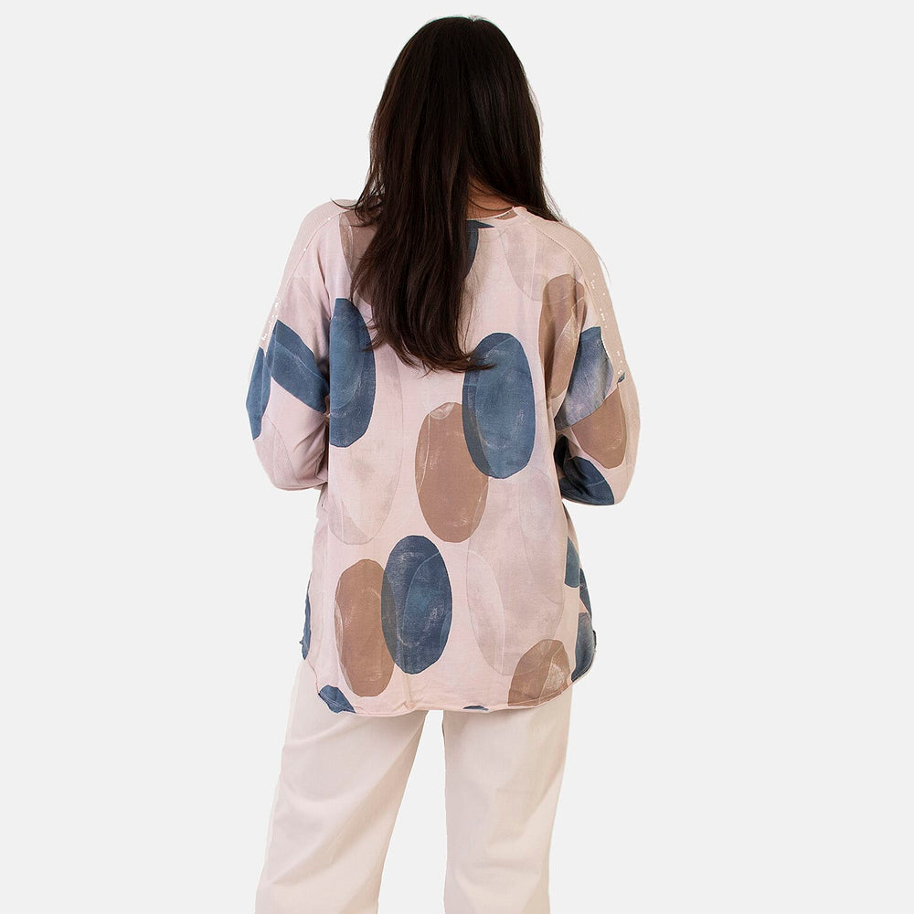 Sugar Crisp Italian Made Printed Long-Sleeved Scoop-Neck Sequined Layered Top One-Size (Fits upto Size 22) - Pink