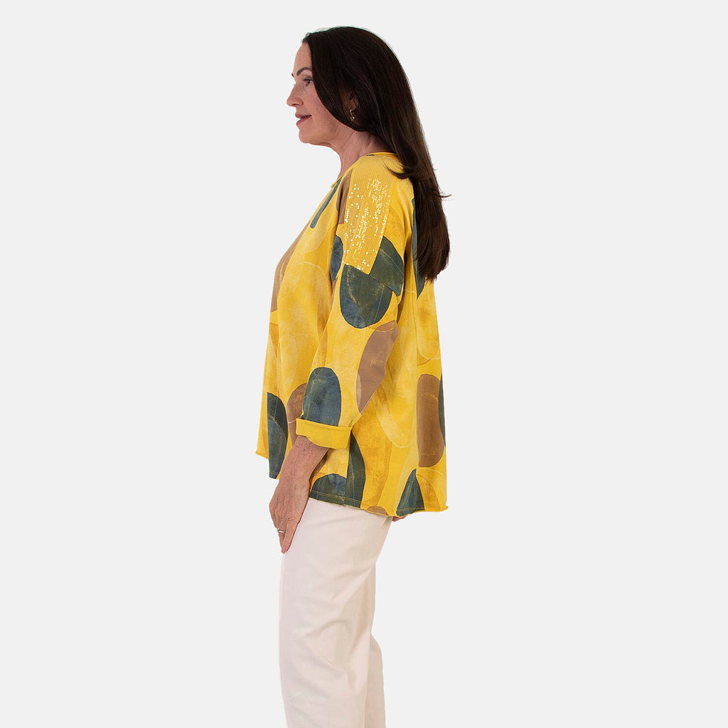 Sugar Crisp Italian Made Printed Long-Sleeved Scoop-Neck Sequined Layered Top One-Size (Fits upto Size 22) - Lemon