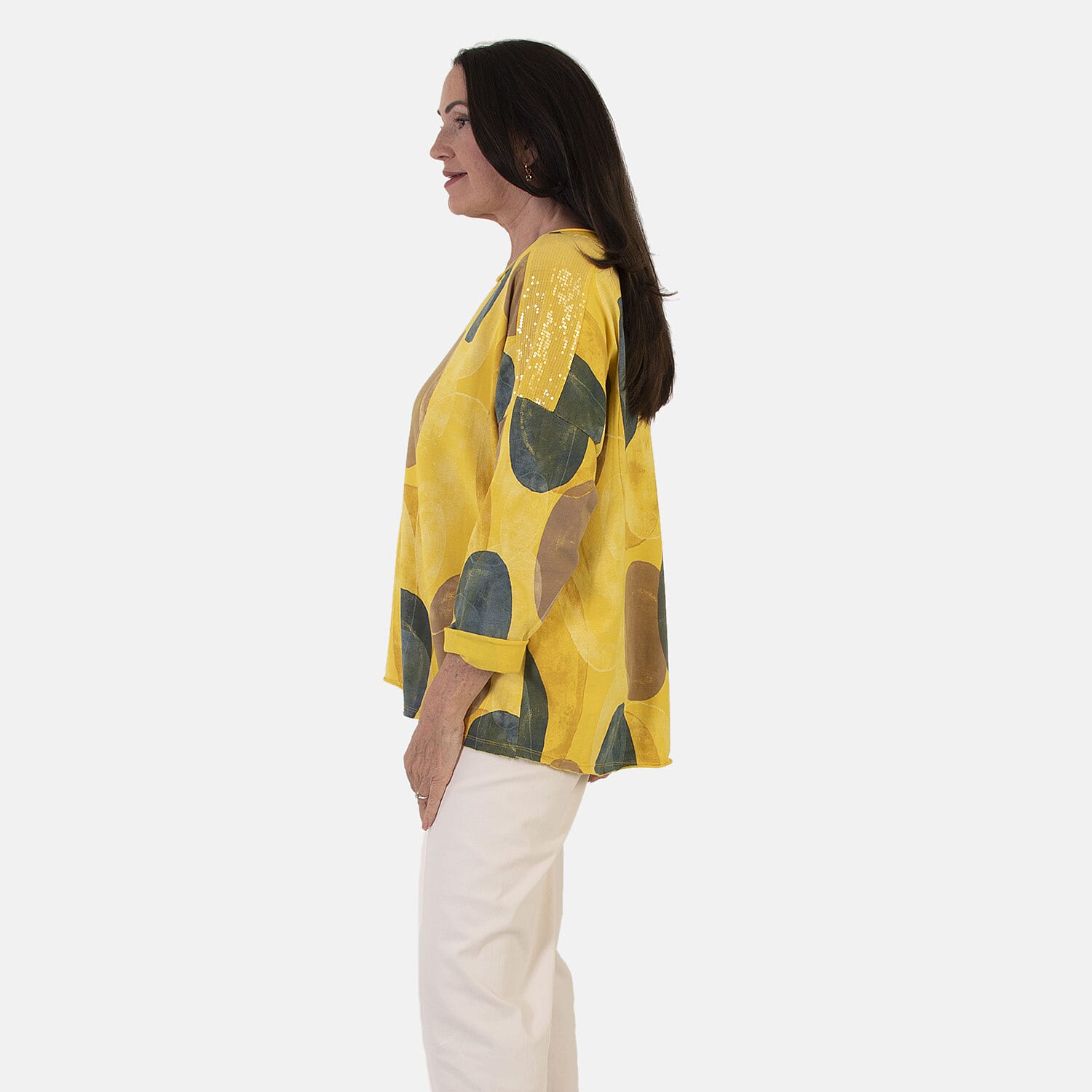 Sugar Crisp Italian Made Printed Long-Sleeved Scoop-Neck Sequined Layered Top One-Size (Fits upto Size 22) - Lemon