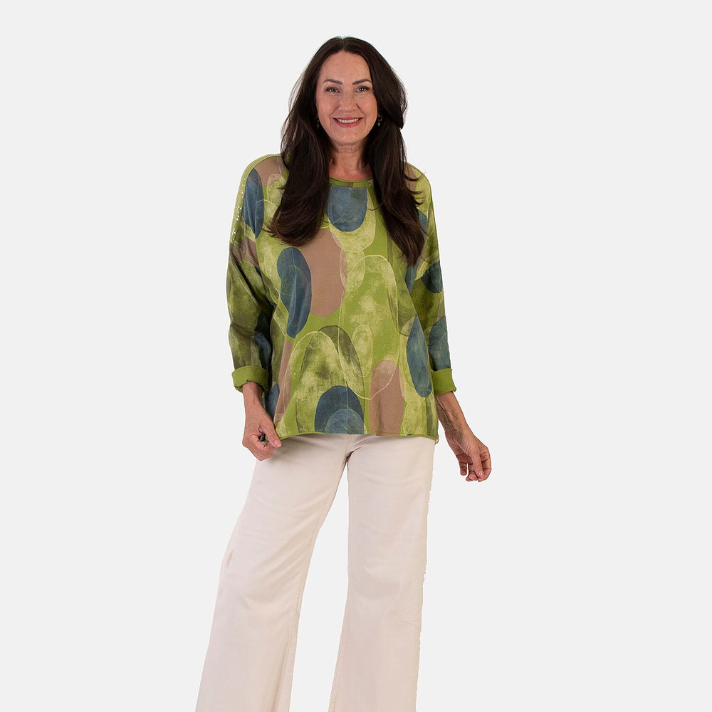 Sugar Crisp Italian Made Printed Long-Sleeved Scoop-Neck Sequined Layered Top One-Size (Fits upto Size 22) - Lime