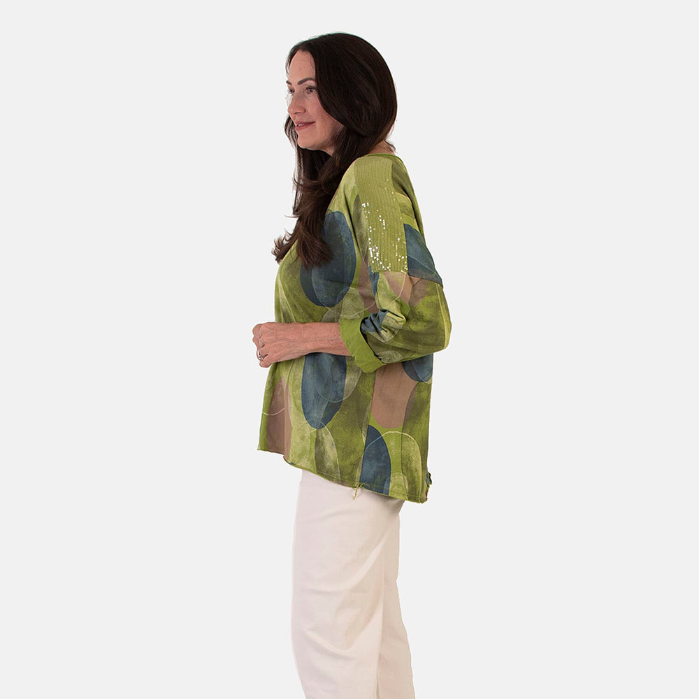 Sugar Crisp Italian Made Printed Long-Sleeved Scoop-Neck Sequined Layered Top One-Size (Fits upto Size 22) - Lime