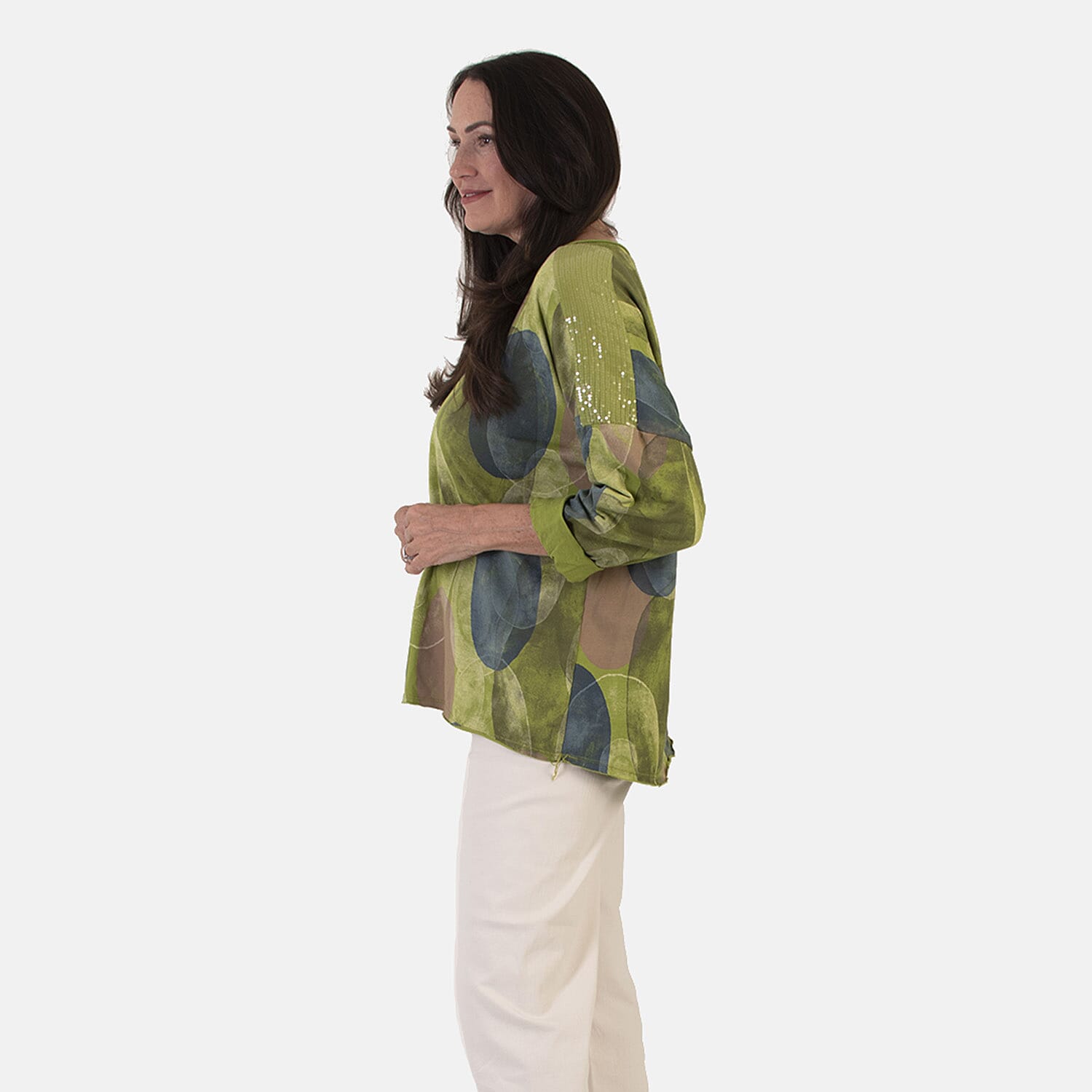 Sugar Crisp Italian Made Printed Long-Sleeved Scoop-Neck Sequined Layered Top One-Size (Fits upto Size 22) - Lime