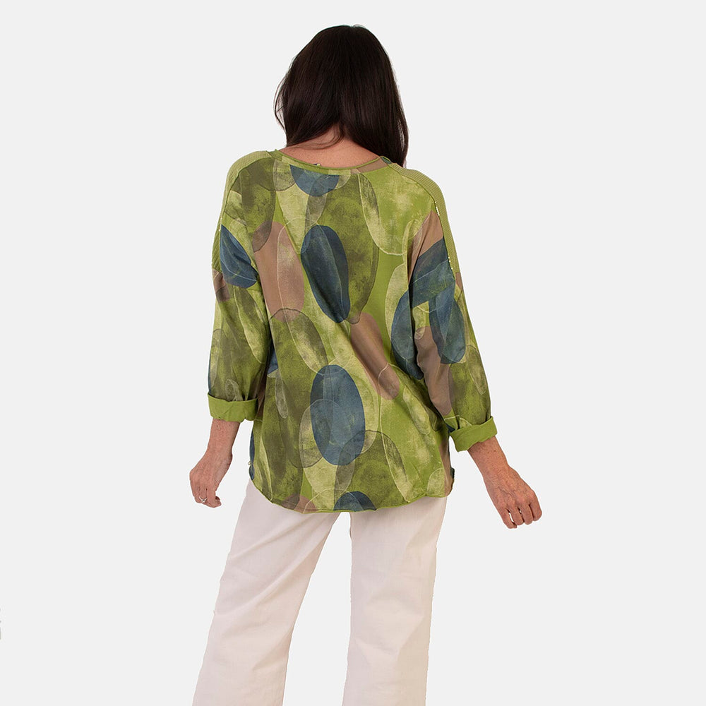 Sugar Crisp Italian Made Printed Long-Sleeved Scoop-Neck Sequined Layered Top One-Size (Fits upto Size 22) - Lime