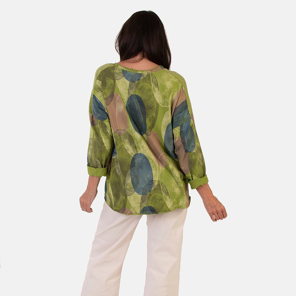 Sugar Crisp Italian Made Printed Long-Sleeved Scoop-Neck Sequined Layered Top One-Size (Fits upto Size 22) - Lime
