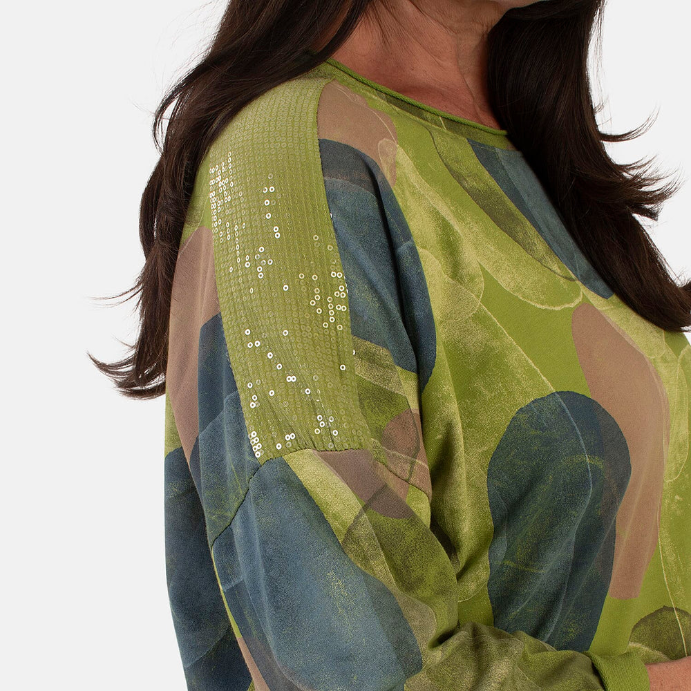 Sugar Crisp Italian Made Printed Long-Sleeved Scoop-Neck Sequined Layered Top One-Size (Fits upto Size 22) - Lime