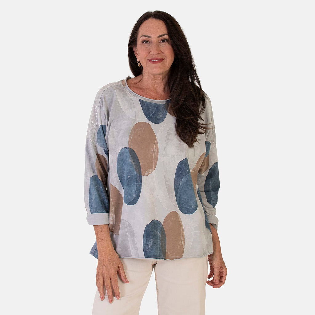 Sugar Crisp Italian Made Printed Long-Sleeved Scoop-Neck Sequined Layered Top One-Size (Fits upto Size 22) - Grey
