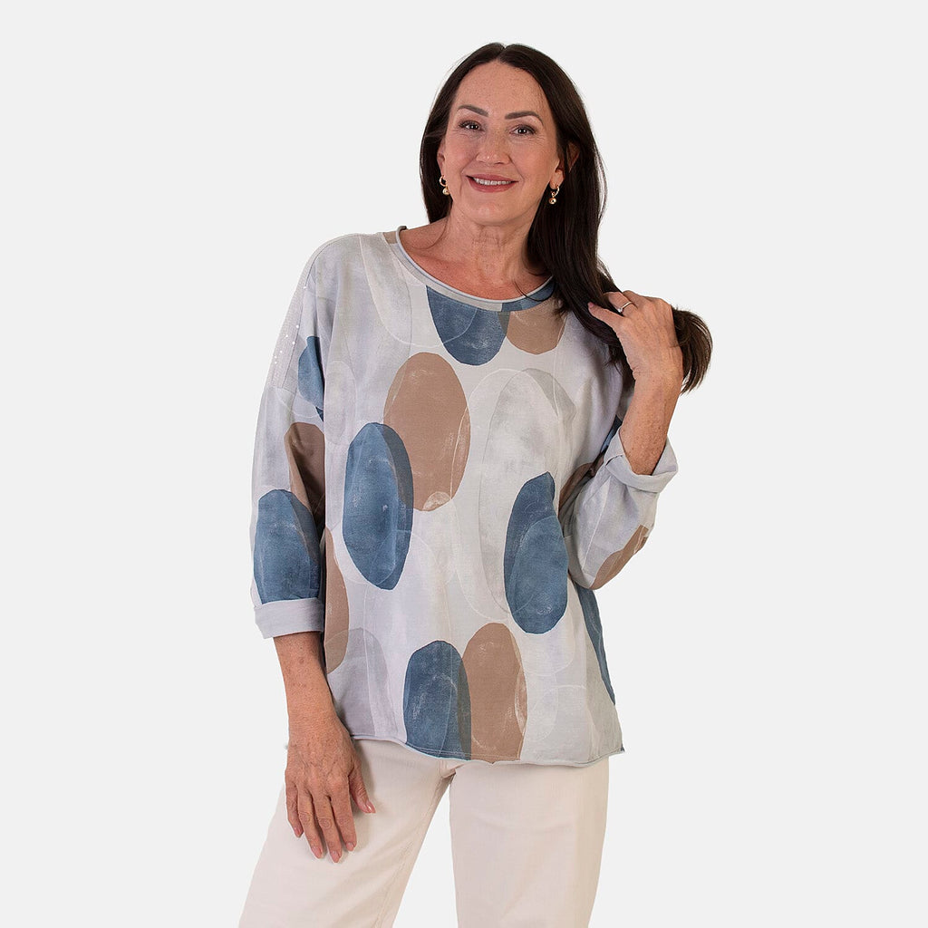 Sugar Crisp Italian Made Printed Long-Sleeved Scoop-Neck Sequined Layered Top One-Size (Fits upto Size 22) - Grey
