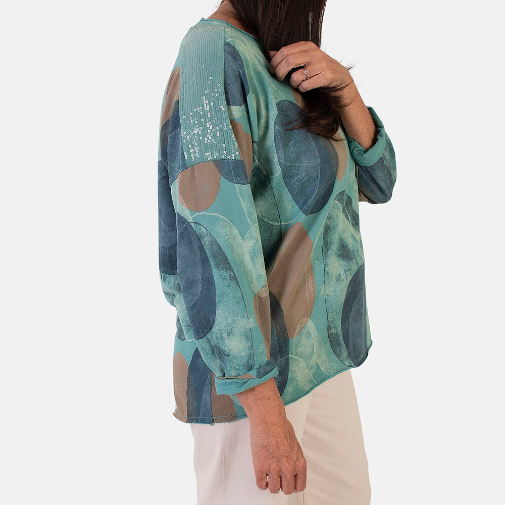 Sugar Crisp Italian Made Printed Long-Sleeved Scoop-Neck Sequined Layered Top One-Size (Fits upto Size 22) - Duck Egg