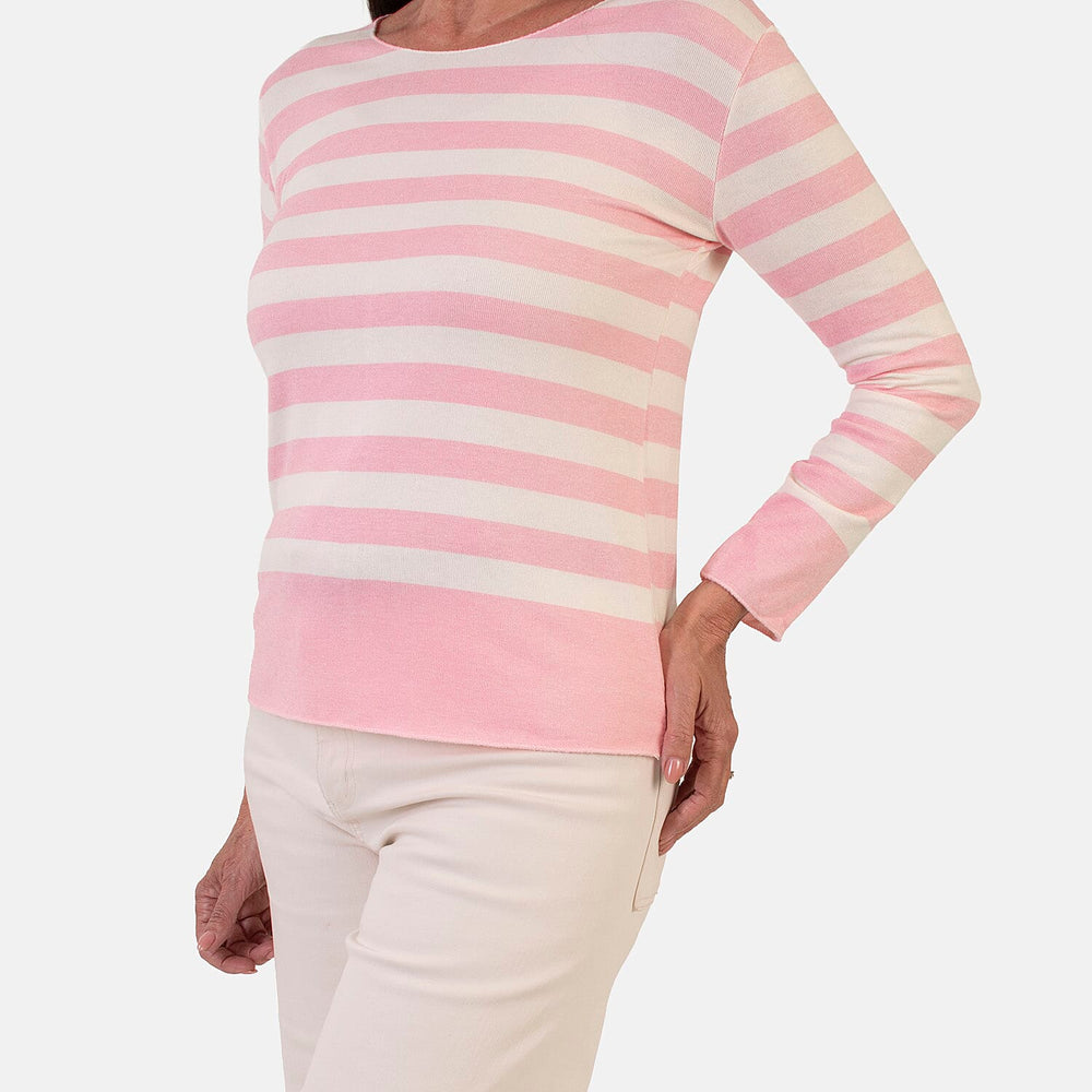 Sugar Crisp Italian Made Round-Neck Colour-Block Stripe Roll-Sleeve Top One-Size (Fits upto Size 18)