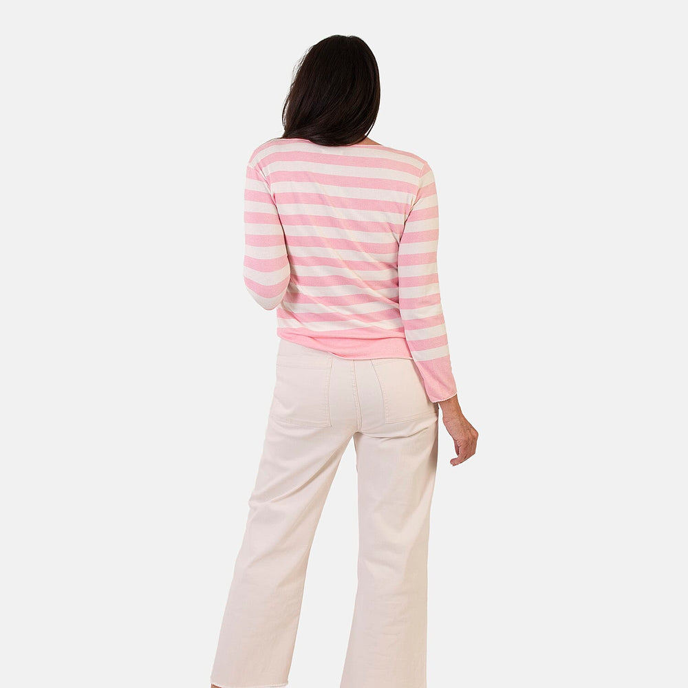 Sugar Crisp Italian Made Round-Neck Colour-Block Stripe Roll-Sleeve Top One-Size (Fits upto Size 18)