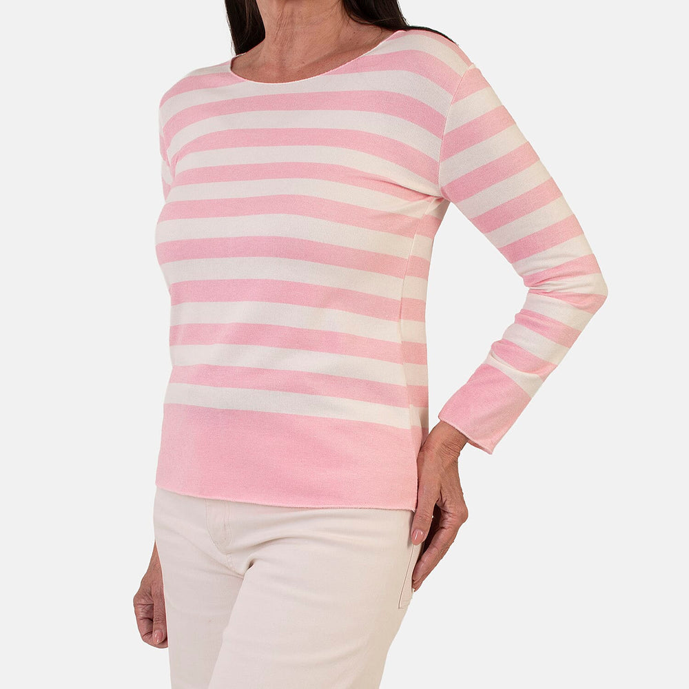 Sugar Crisp Italian Made Round-Neck Colour-Block Stripe Roll-Sleeve Top One-Size (Fits upto Size 18)