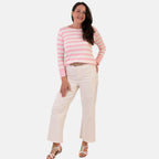 Sugar Crisp Italian Made Round-Neck Colour-Block Stripe Roll-Sleeve Top One-Size (Fits upto Size 18)
