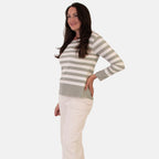 Sugar Crisp Italian Made Round-Neck Colour-Block Stripe Roll-Sleeve Top One-Size (Fits upto Size 18) - Khaki