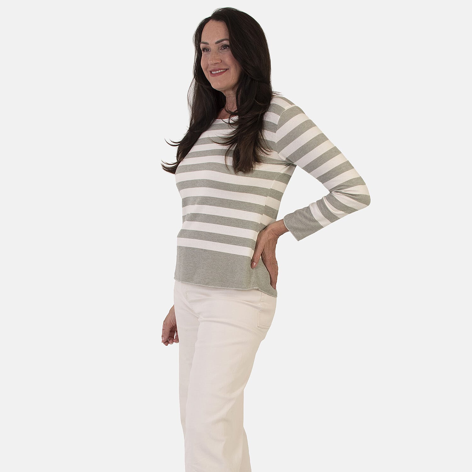 Sugar Crisp Italian Made Round-Neck Colour-Block Stripe Roll-Sleeve Top One-Size (Fits upto Size 18) - Khaki