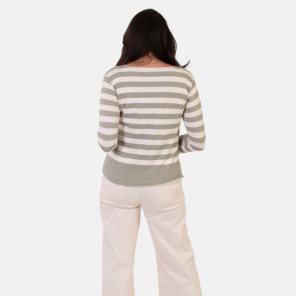 Sugar Crisp Italian Made Round-Neck Colour-Block Stripe Roll-Sleeve Top One-Size (Fits upto Size 18) - Khaki