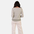 Sugar Crisp Italian Made Round-Neck Colour-Block Stripe Roll-Sleeve Top One-Size (Fits upto Size 18) - Khaki