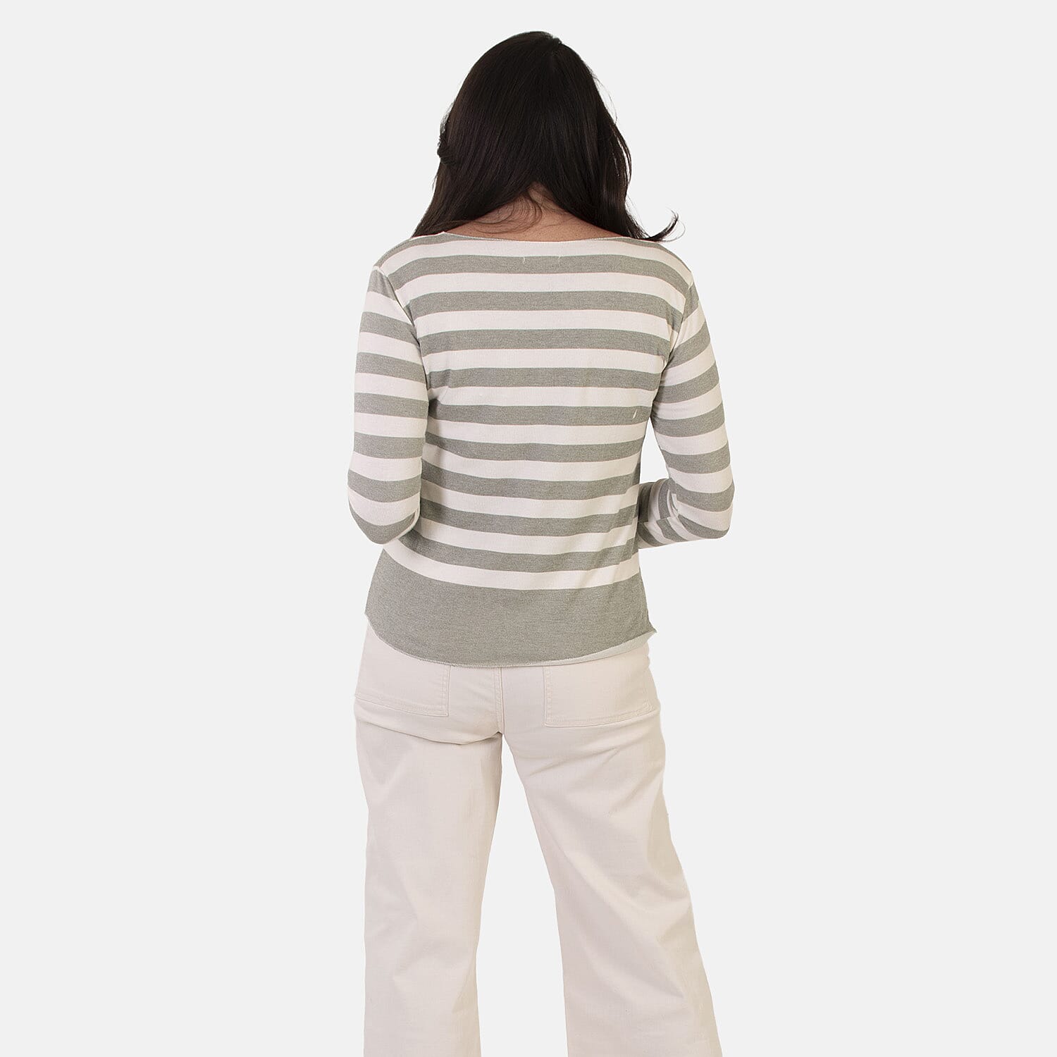Sugar Crisp Italian Made Round-Neck Colour-Block Stripe Roll-Sleeve Top One-Size (Fits upto Size 18) - Khaki