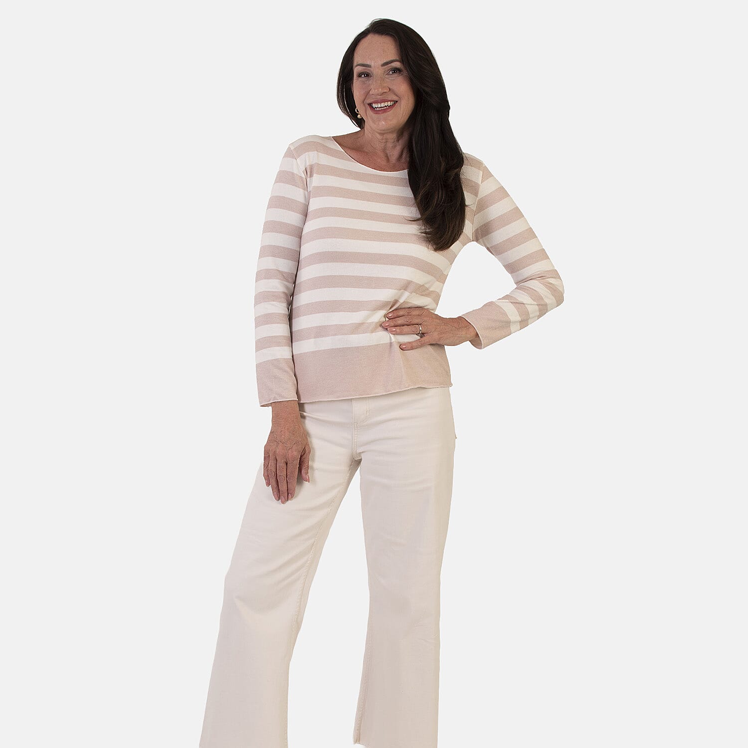 Sugar Crisp Italian Made Round-Neck Colour-Block Stripe Roll-Sleeve Top One-Size (Fits upto Size 18) - Stone