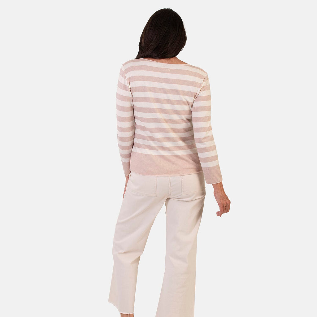 Sugar Crisp Italian Made Round-Neck Colour-Block Stripe Roll-Sleeve Top One-Size (Fits upto Size 18) - Stone