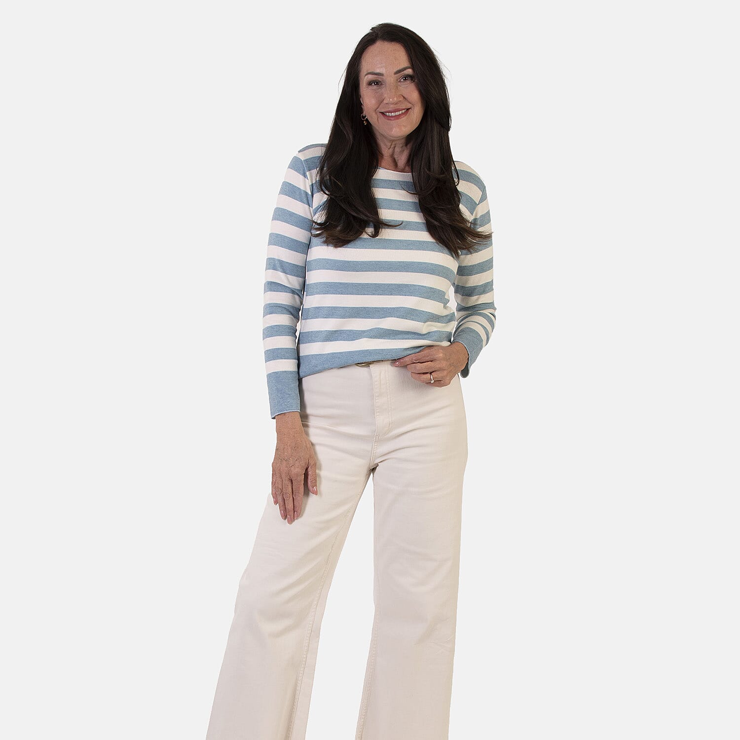 Sugar Crisp Italian Made Round-Neck Colour-Block Stripe Roll-Sleeve Top One-Size (Fits upto Size 18) - Duck Egg