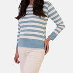 Sugar Crisp Italian Made Round-Neck Colour-Block Stripe Roll-Sleeve Top One-Size (Fits upto Size 18) - Duck Egg