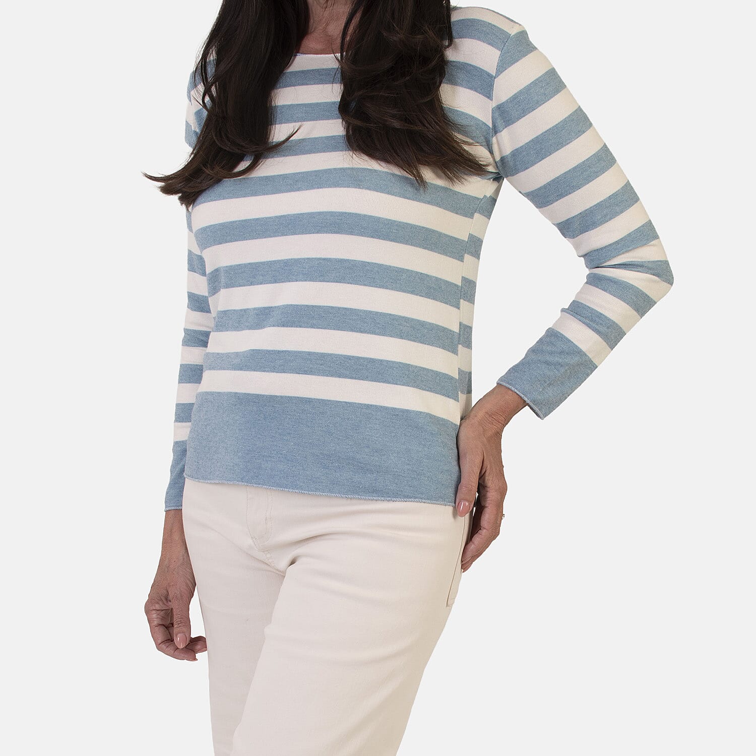 Sugar Crisp Italian Made Round-Neck Colour-Block Stripe Roll-Sleeve Top One-Size (Fits upto Size 18) - Duck Egg