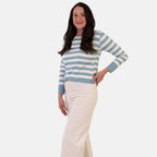 Sugar Crisp Italian Made Round-Neck Colour-Block Stripe Roll-Sleeve Top One-Size (Fits upto Size 18) - Duck Egg