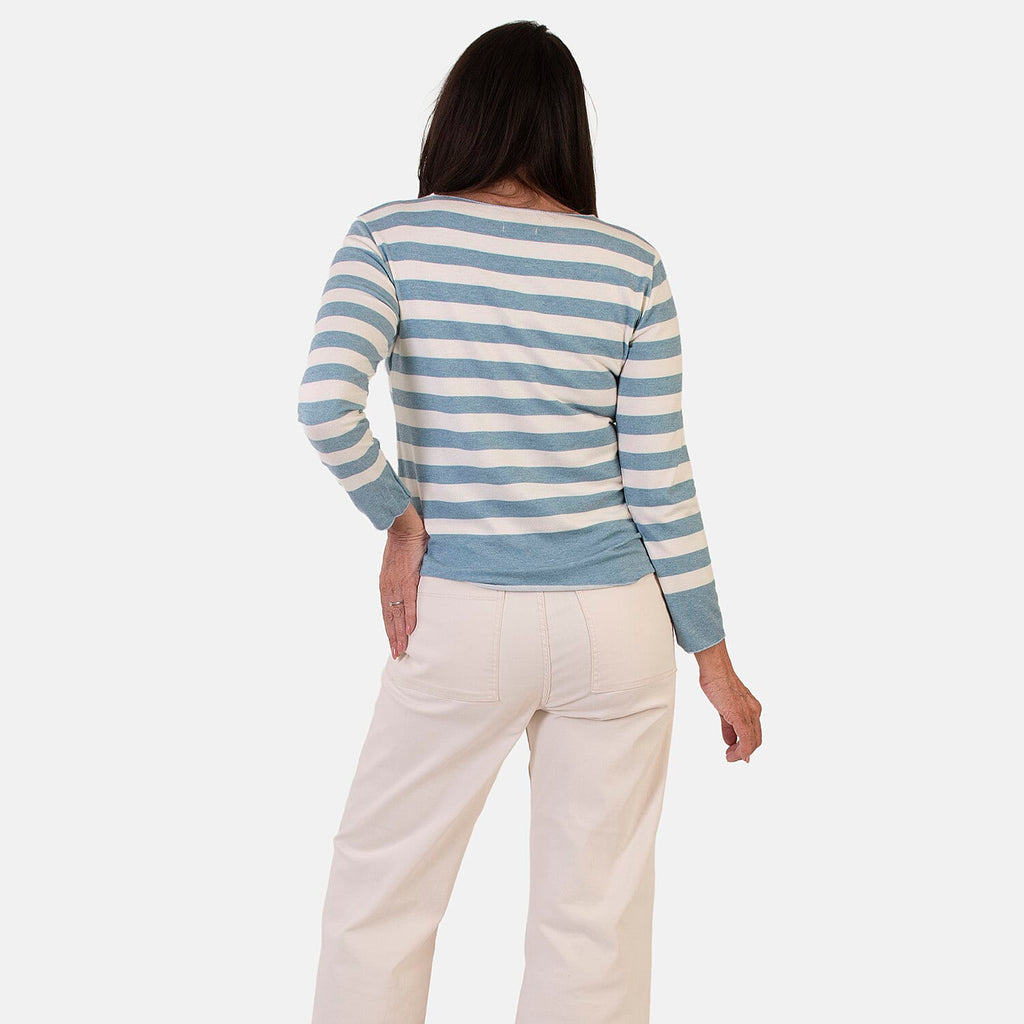 Sugar Crisp Italian Made Round-Neck Colour-Block Stripe Roll-Sleeve Top One-Size (Fits upto Size 18) - Duck Egg