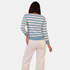 Sugar Crisp Italian Made Round-Neck Colour-Block Stripe Roll-Sleeve Top One-Size (Fits upto Size 18) - Duck Egg