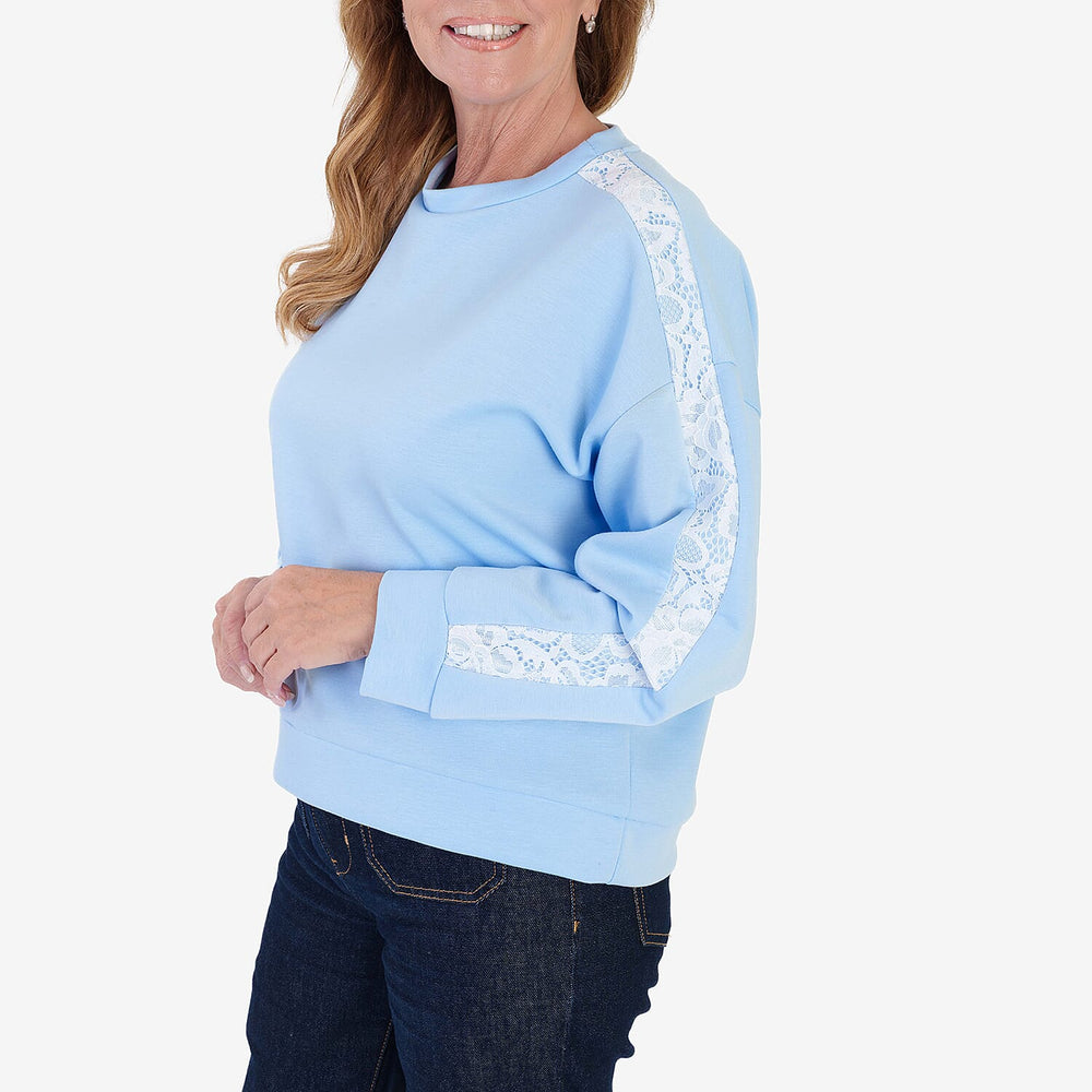 Sugar Crisp Italian Made Round Neck Contrast Lace Sleeve Casual Sweatshirt (One Size) - Blue