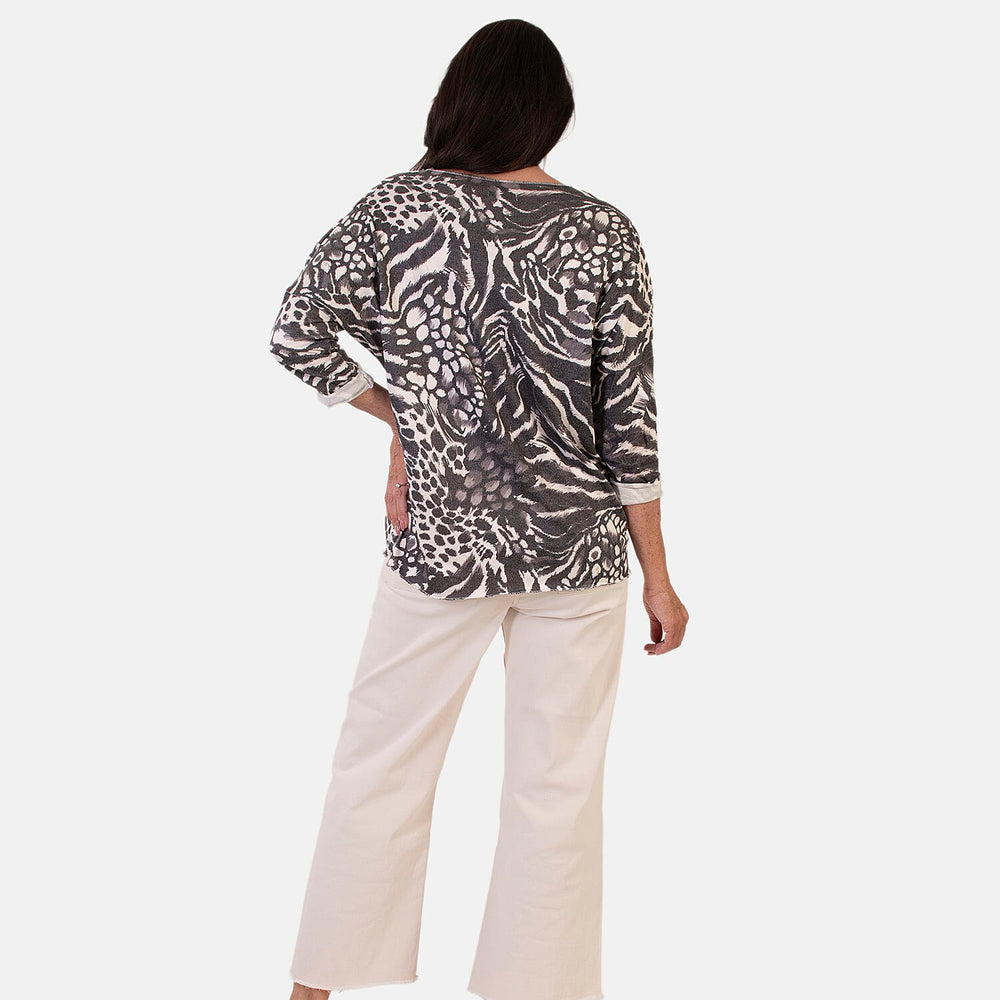 Sugar Crisp Italian Made V-Neck Abstract Print Top One-Size (Fits upto Size 22) - Black