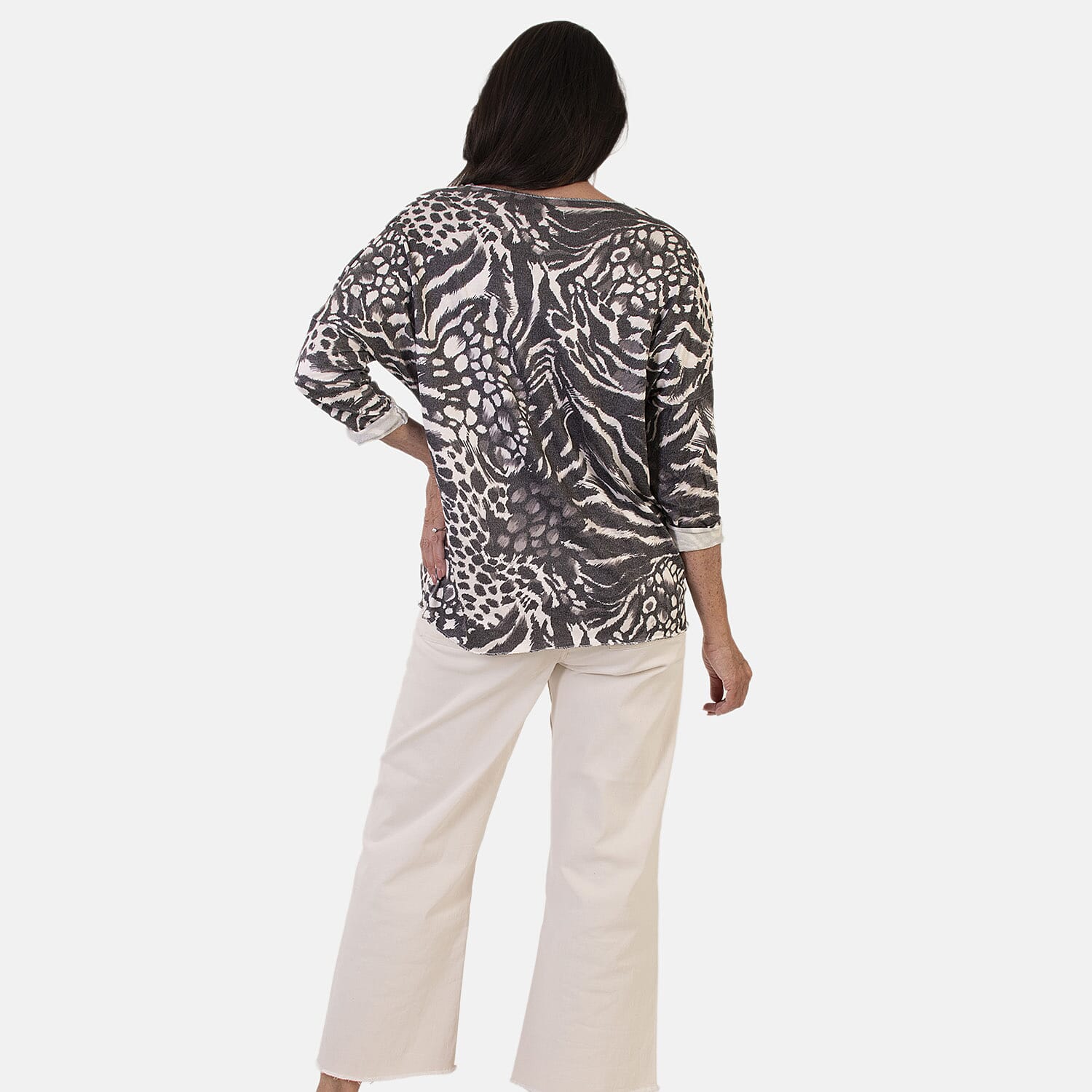 Sugar Crisp Italian Made V-Neck Abstract Print Top One-Size (Fits upto Size 22) - Black