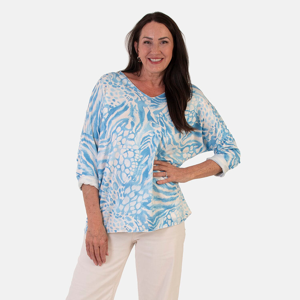 Sugar Crisp Italian Made V-Neck Abstract Print Top One-Size (Fits upto Size 18) - Blue