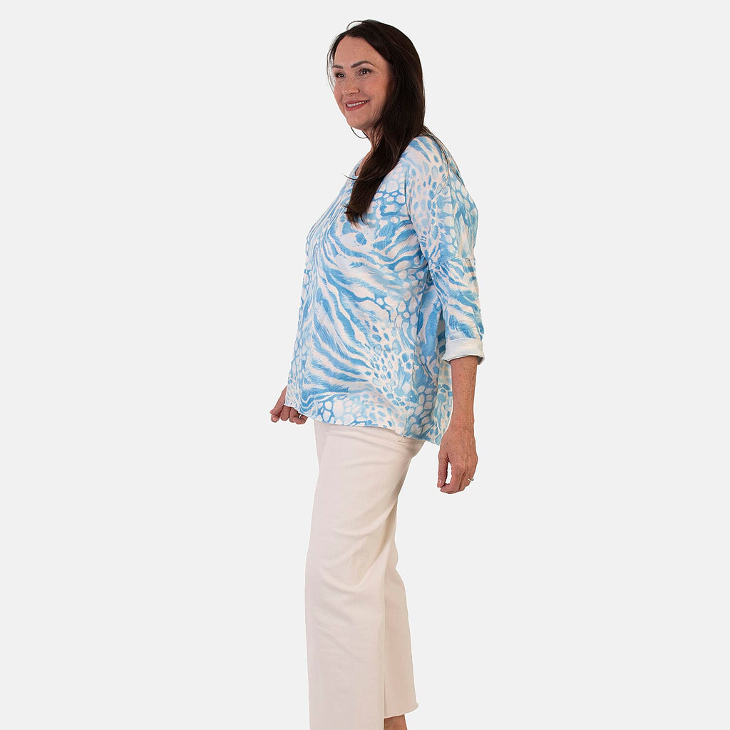 Sugar Crisp Italian Made V-Neck Abstract Print Top One-Size (Fits upto Size 18) - Blue