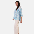 Sugar Crisp Italian Made V-Neck Abstract Print Top One-Size (Fits upto Size 18) - Blue