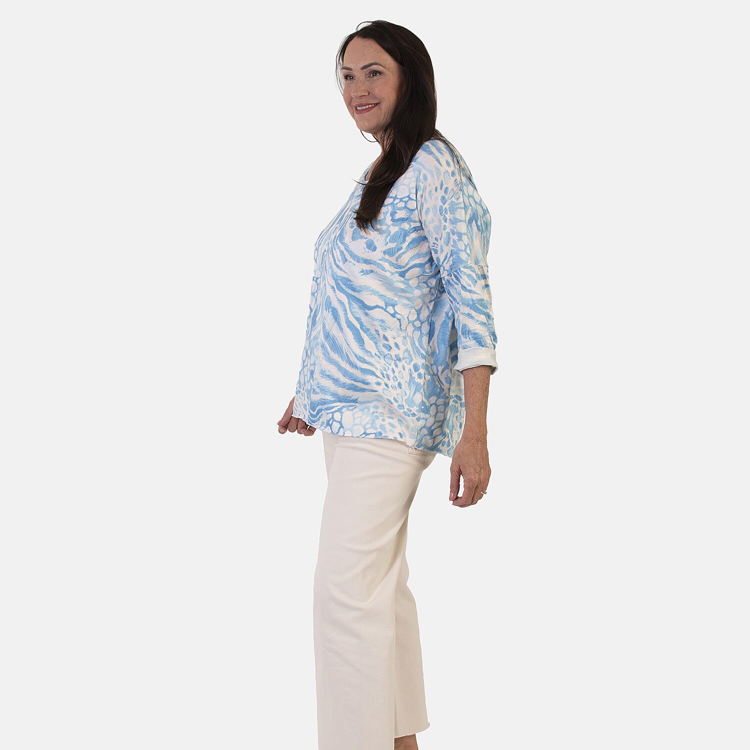Sugar Crisp Italian Made V-Neck Abstract Print Top One-Size (Fits upto Size 18) - Blue