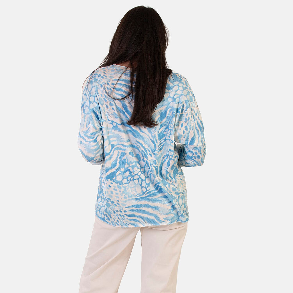 Sugar Crisp Italian Made V-Neck Abstract Print Top One-Size (Fits upto Size 18) - Blue